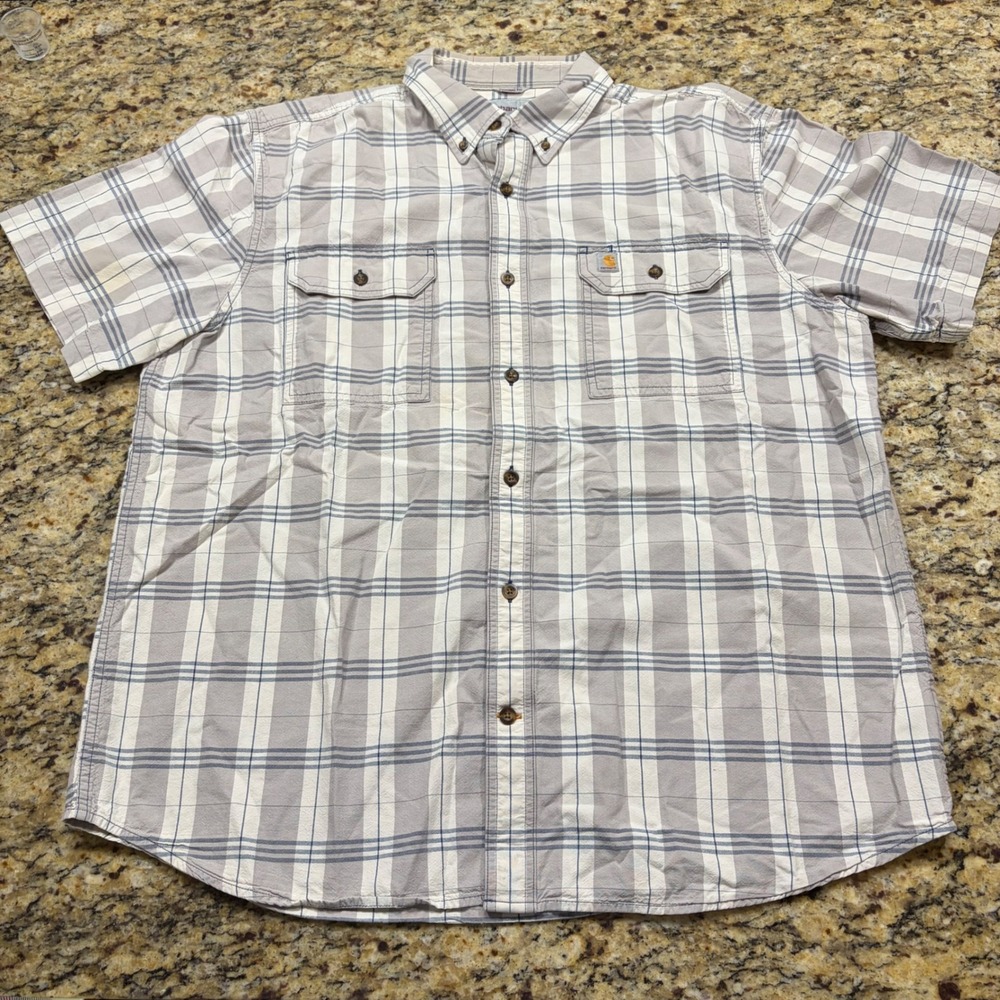 Carhartt Mens XL Original Fit Plaid Short Sleeve Button Down Shirt Grey White ws